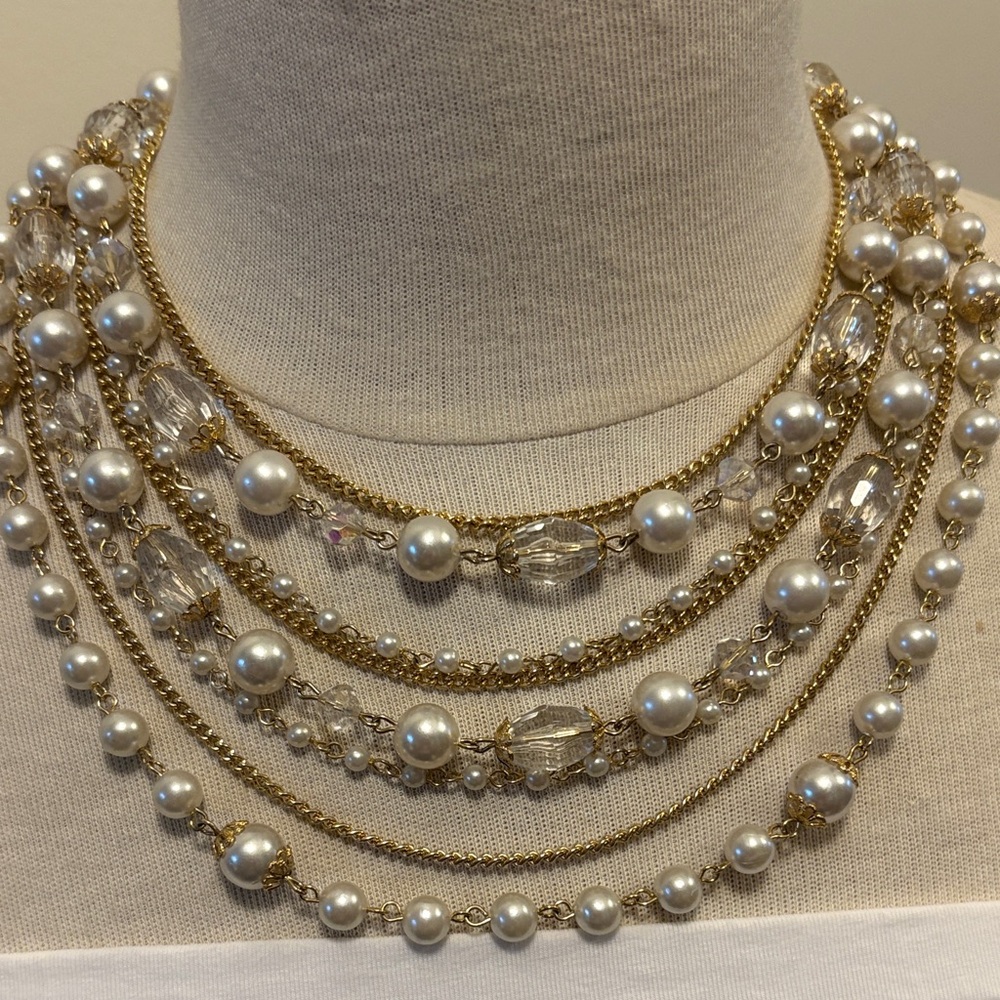 Vintage multi chain with crystals, faux, pearl pin set necklace gold tone